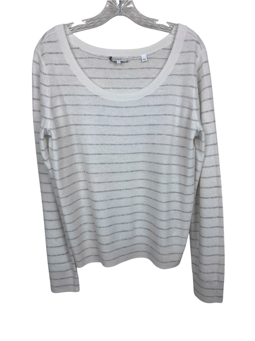 Vince Cashmere Striped Sweater Lightweight White & Gray Striped Scoop Neck XL